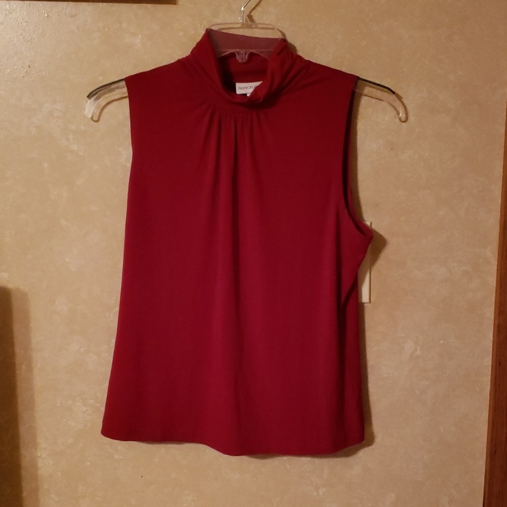 Sleeveless red tank with high neck